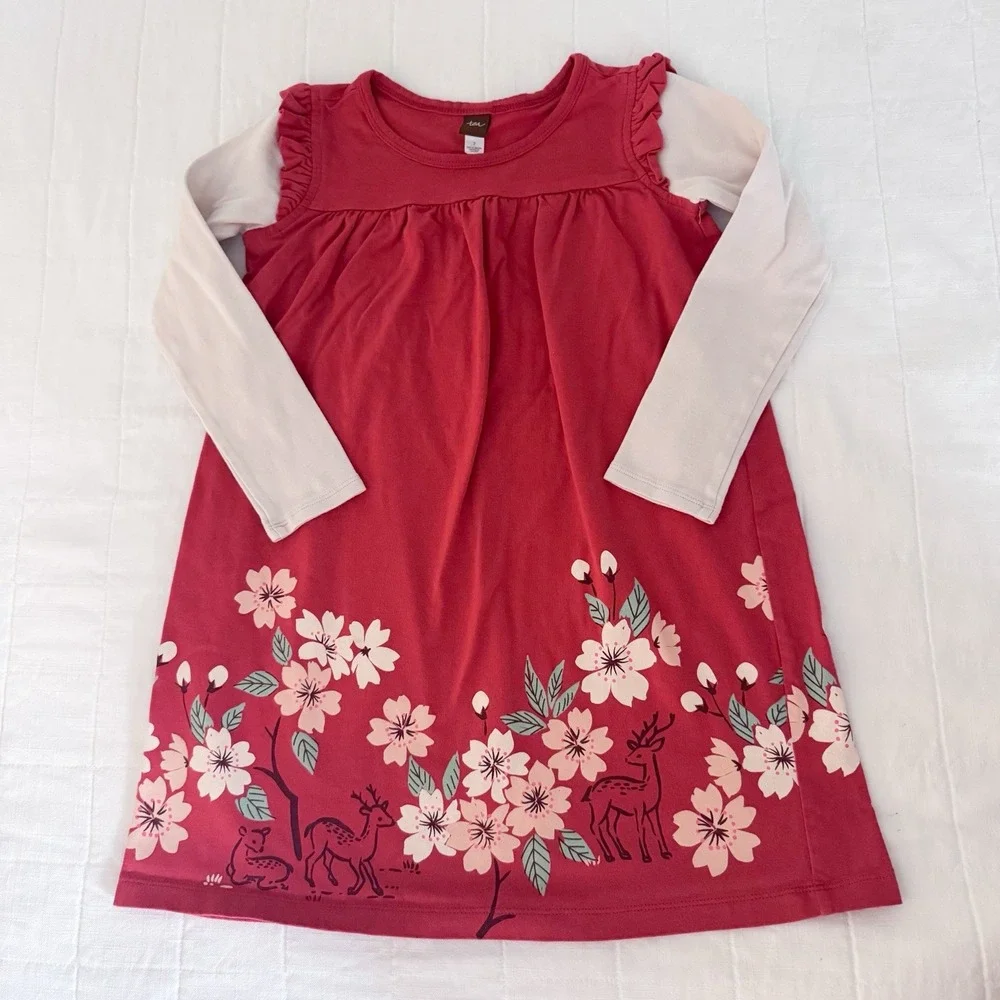 Tea Collection Dress Girls 7 Red Floral Long Sleeve Jumper Style Deer Fall